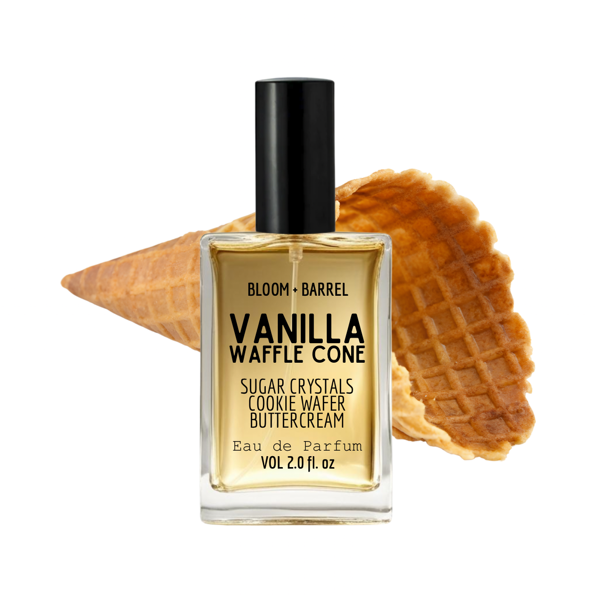 Perfume bottle labeled 'Vanilla Waffle Cone' with a waffle cone on a white background