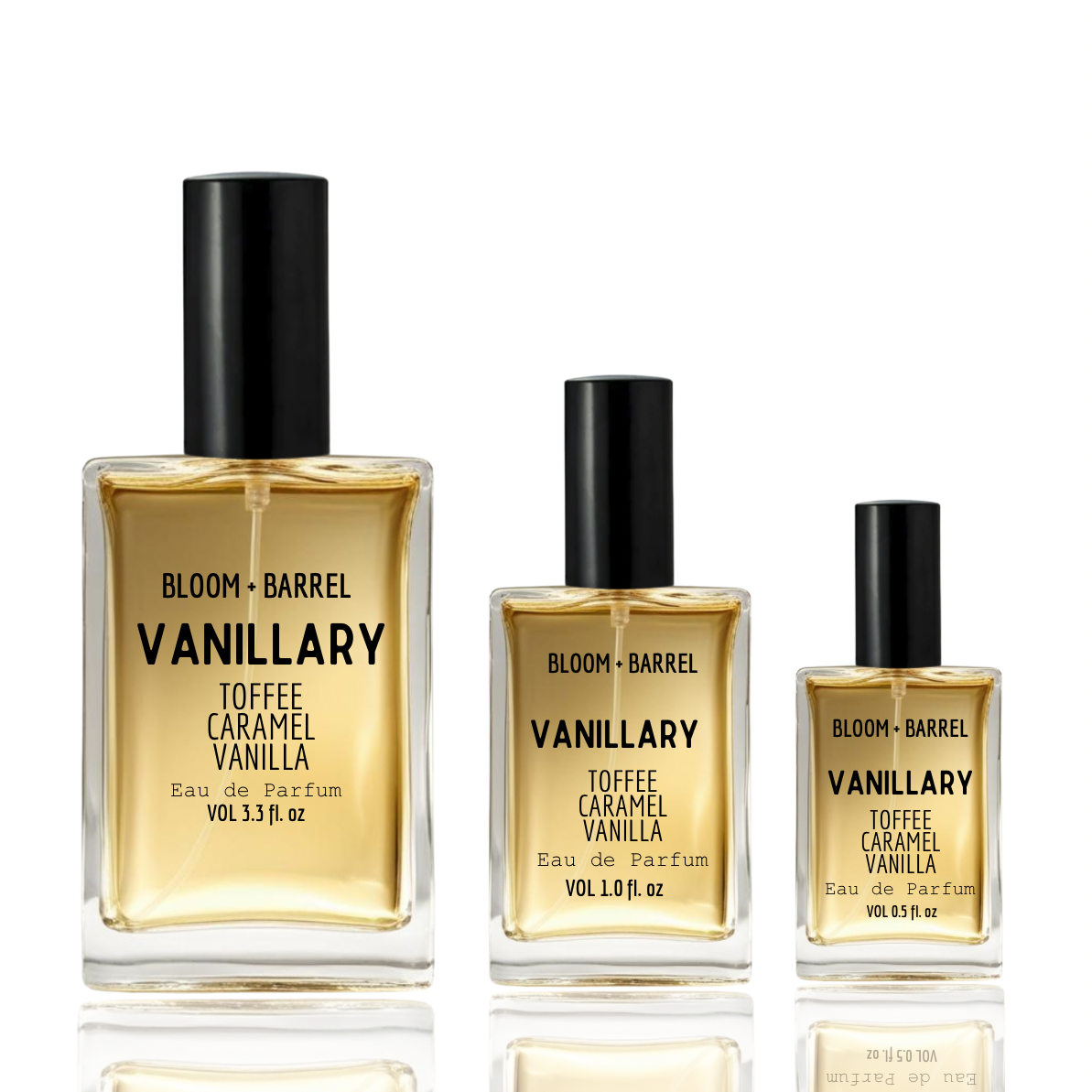 Three bottles of Bloom + Barrel Vanillary perfume on a white background