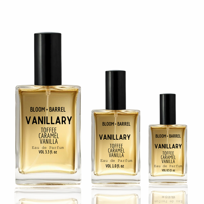 Three bottles of Bloom + Barrel Vanillary perfume on a white background