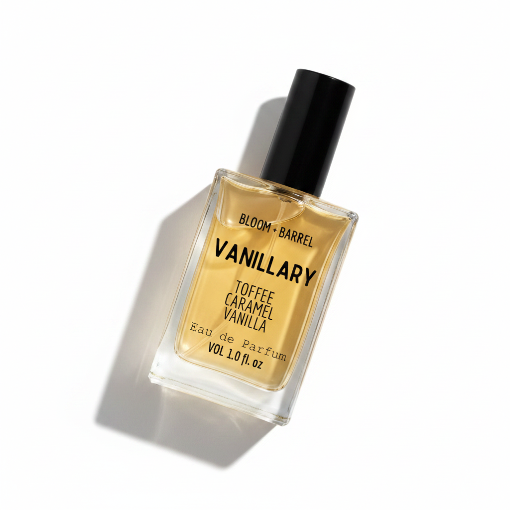 Perfume bottle labeled 'Vanillary' by Bloom & Barrel on a white background