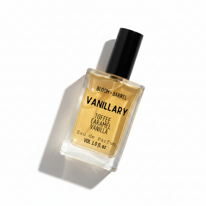 Perfume bottle labeled 'Vanillary' by Bloom & Barrel on a white background