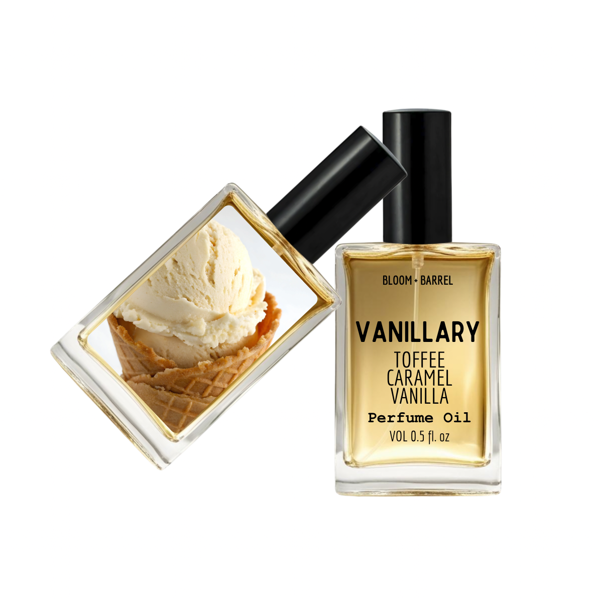 Vanillary perfume oil bottle with vanilla ice cream image on cap against a white background