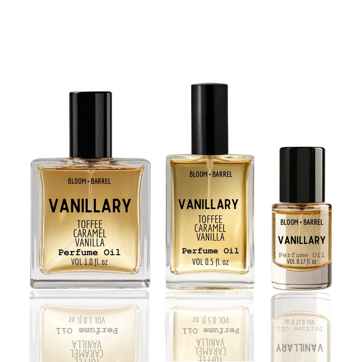 Three bottles of Vanillary perfume oil by Bloom & Barrel on a white background