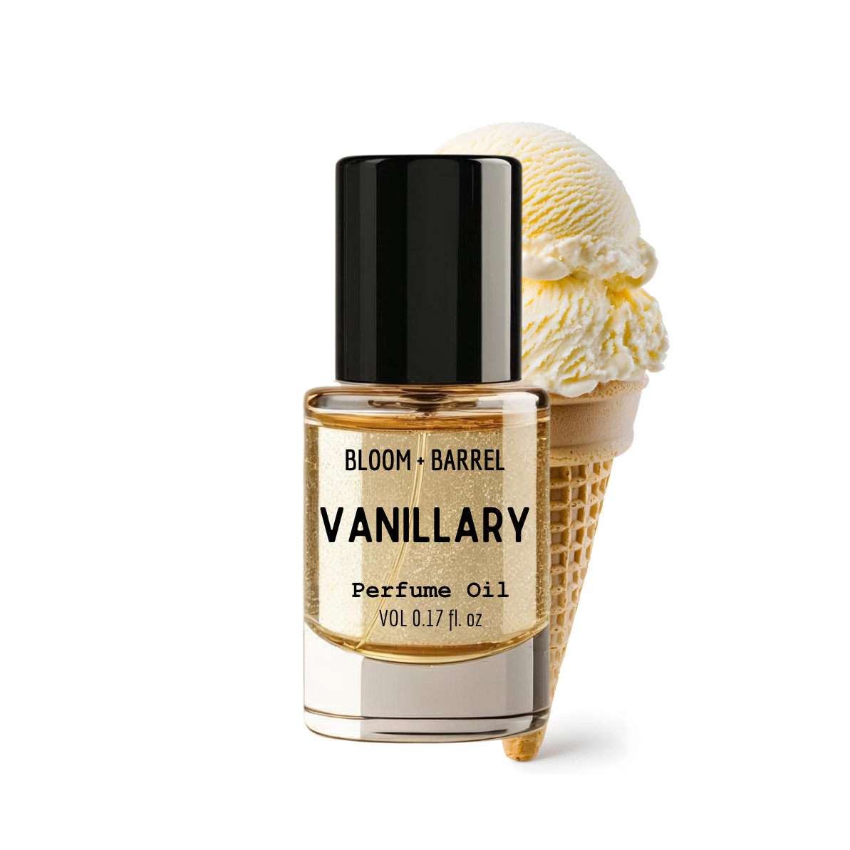 Vanillary perfume oil bottle with a vanilla ice cream cone on a white background