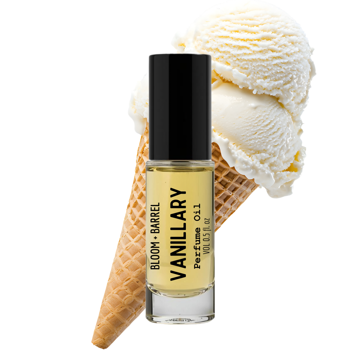 Vanilla-flavored perfume bottle with ice cream cone and scoop on a white background