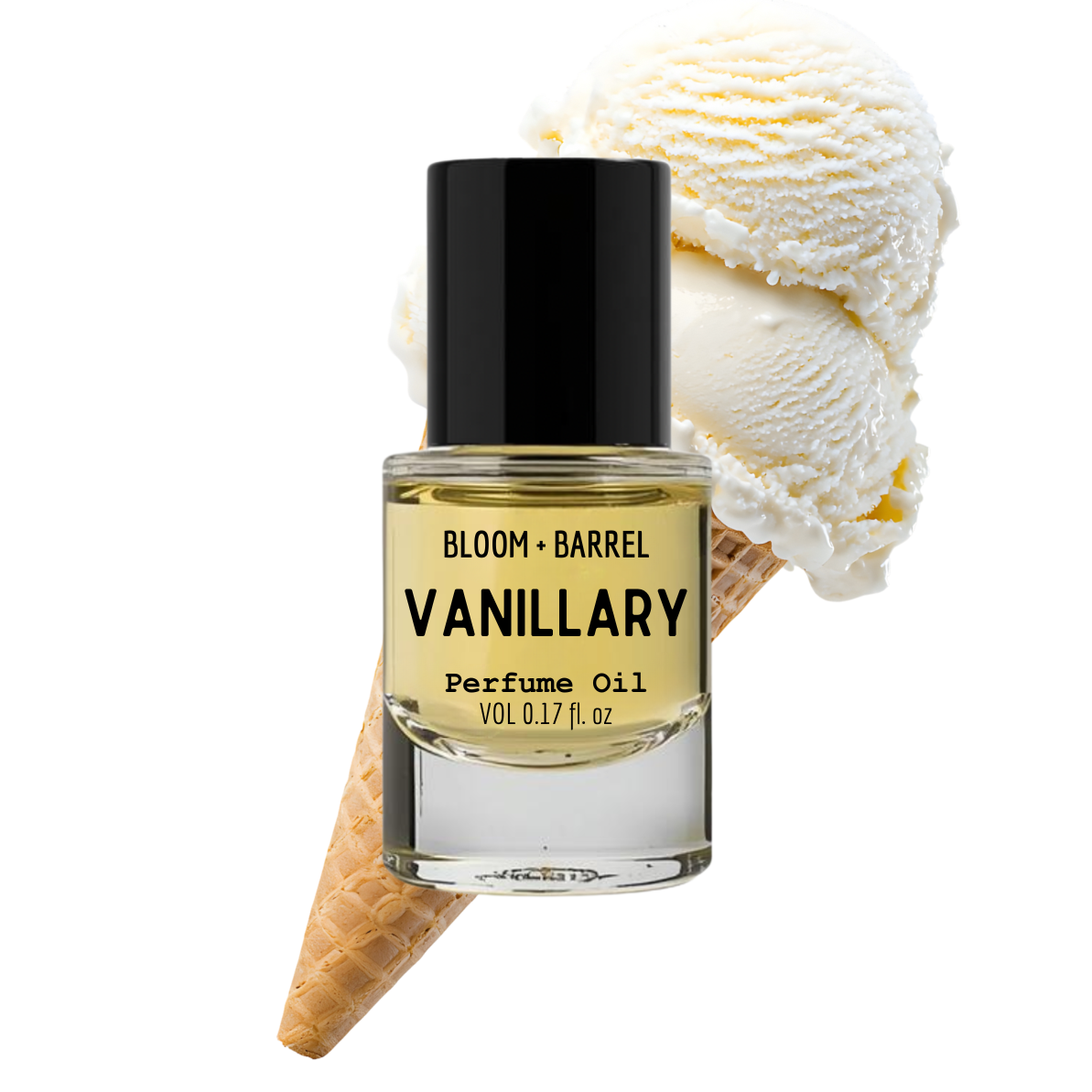 Vanillary perfume oil bottle with ice cream cone on a white background