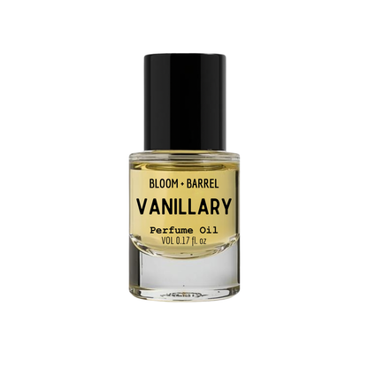 Vanillary perfume oil bottle with black cap on a white background