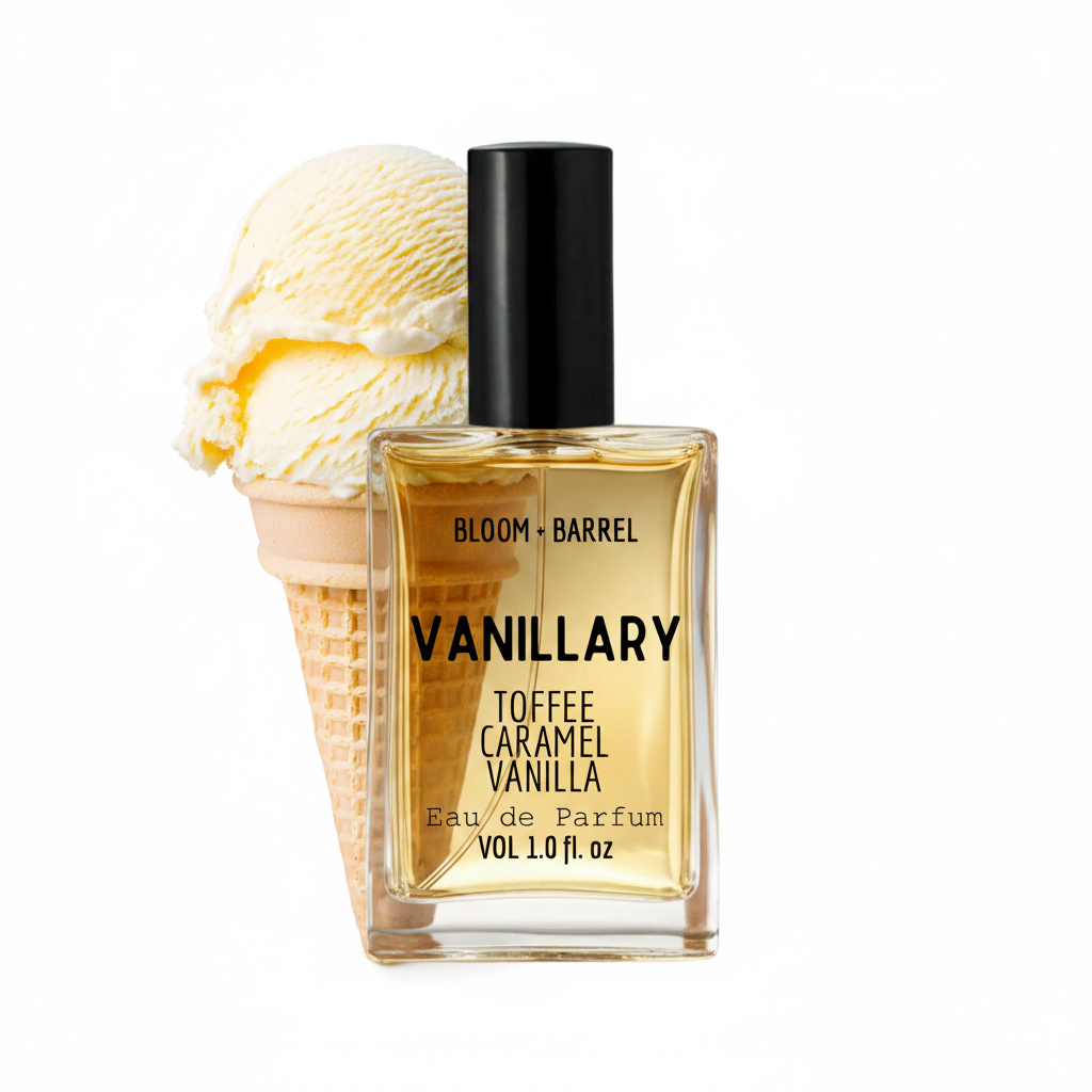 Bottle of Bloom & Barrel Vanillary perfume next to a vanilla ice cream cone on a white background