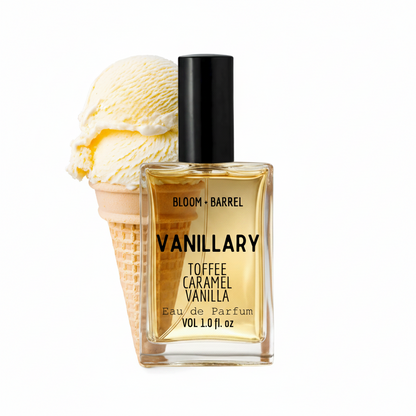Bottle of Bloom & Barrel Vanillary perfume next to a vanilla ice cream cone on a white background