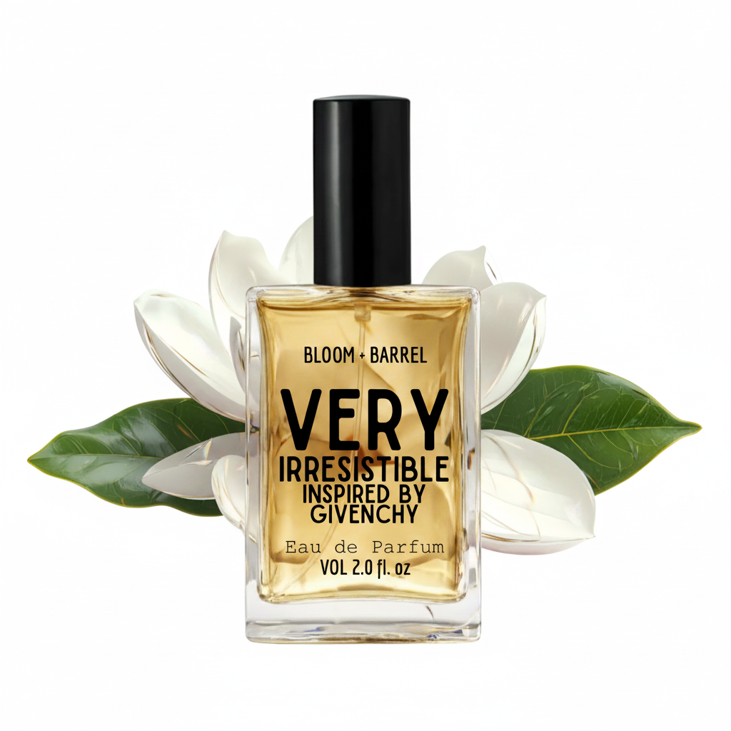 A bottle of Givenchy Bloom + Barrel Very Irresistible Eau de Parfum, featuring a clear glass bottle with a black cap and golden-amber liquid, styled with white magnolia flowers and green leaves on a white background.