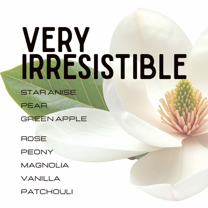 A fragrance scent card for 'Very Irresistible'  featuring a large white magnolia flower with a green leaf on a white background, alongside a list of scent notes: Star Anise, Pear, Green Apple, Rose, Peony, Magnolia, Vanilla, and Patchouli.