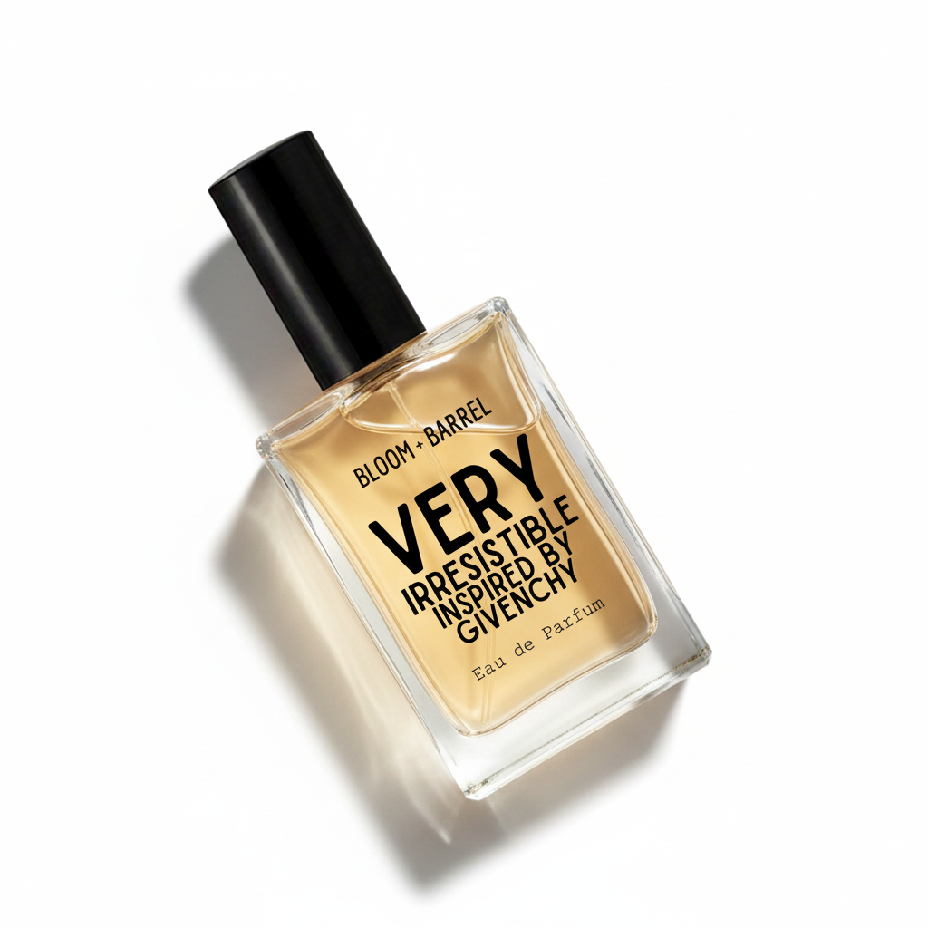 A bottle of Givenchy Bloom + Barrel Very Irresistible Eau de Parfum, featuring a clear glass bottle with amber-colored liquid, a black cap, and bold black text on the front, set against a plain white background.