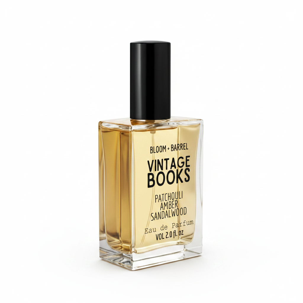 A rectangular glass bottle of Bloom + Barrel Sweet Milk Eau de Parfum with a black cap, filled with golden-amber liquid, on a plain white background.