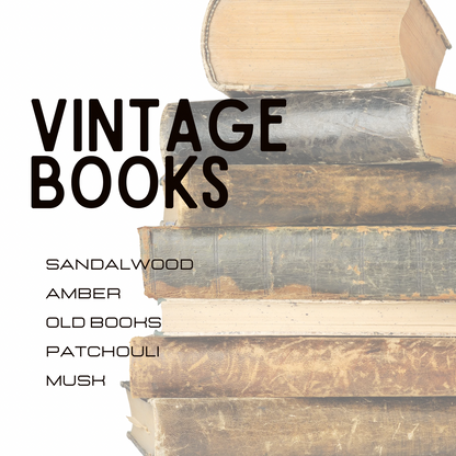 A styled graphic with the words 'VINTAGE BOOKS' in large black text over a stack of old books. Smaller text lists scent notes: 'SANDALWOOD', 'AMBER', 'OLD BOOKS', 'PATCHOULI', 'MUSH'.