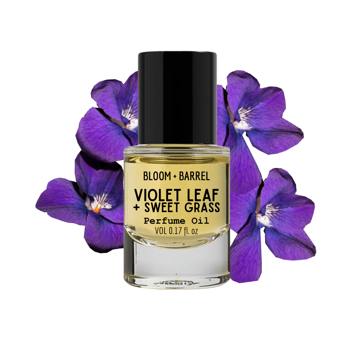 Perfume oil bottle labeled 'Violet Leaf + Sweet Grass' with purple flowers on a white background