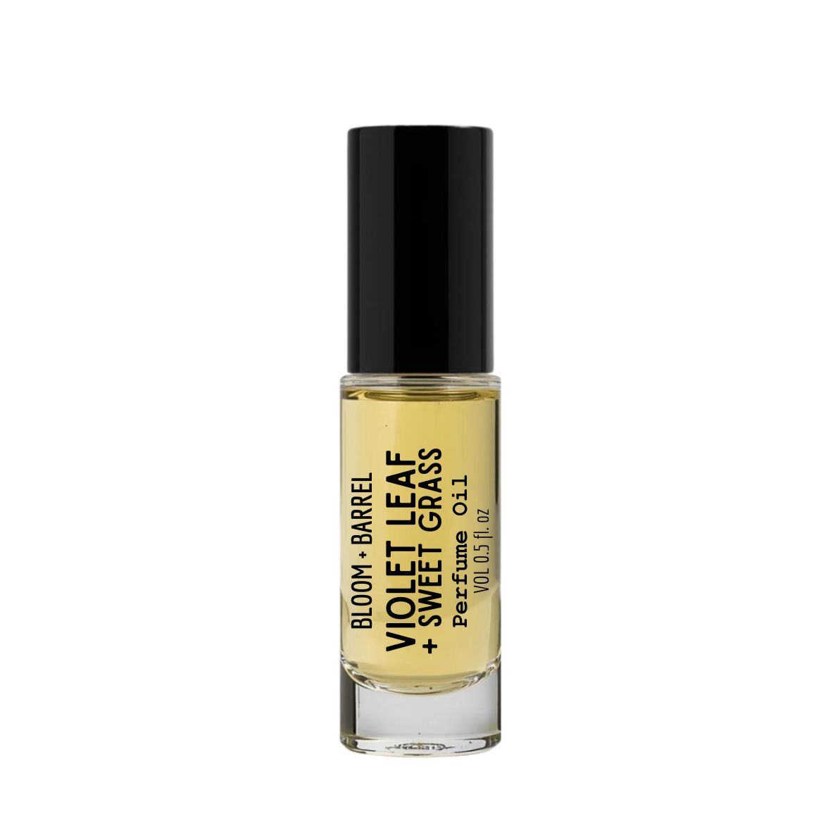 Perfume bottle labeled 'Violet Leaf + Sweet Grass' by Bloom & Barrel on a white background