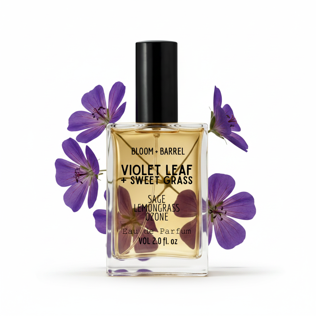 Bottle of Bloom & Barrel Violet Leaf + Sweet Grass eau de parfum with purple flowers on a white background