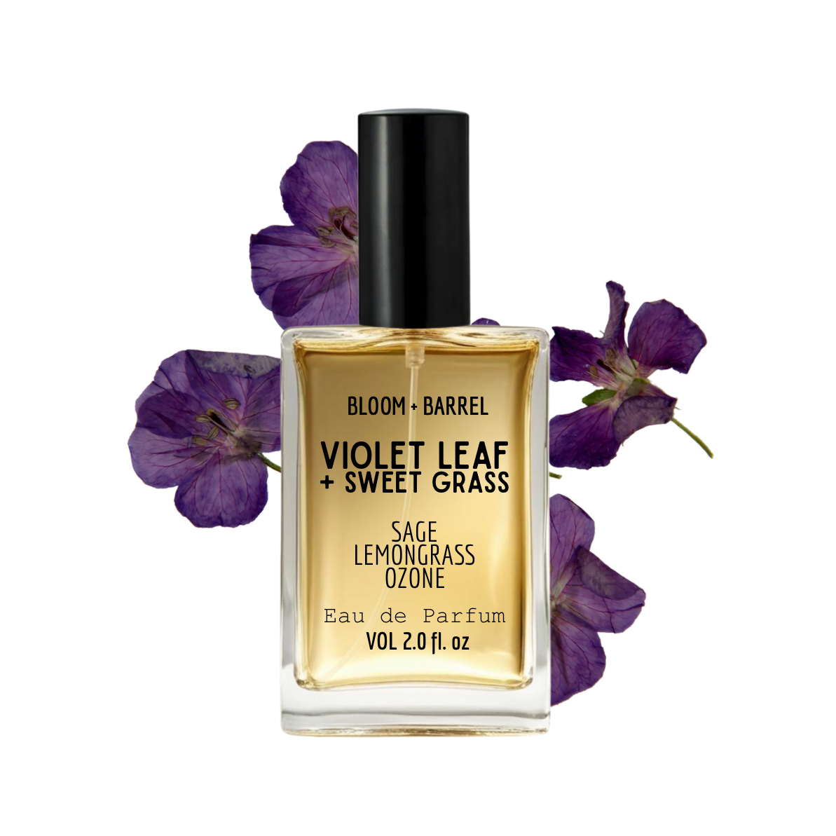 Bottle of Bloom & Barrel Violet Leaf + Sweet Grass eau de parfum with purple flowers on a white background