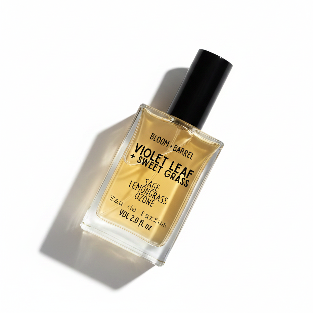 Perfume bottle labeled 'Bloom & Barrel' with 'Violet Leaf + Sweet Grass' on a white background