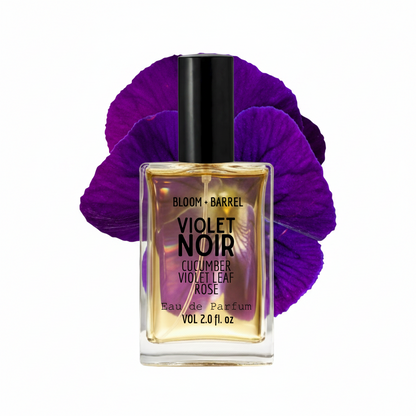 Perfume bottle labeled 'Violet Noir' with a purple flower on a white background