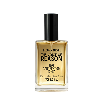 Perfume bottle labeled 'The Voice of Reason' by Bloom & Barrel on a white background
