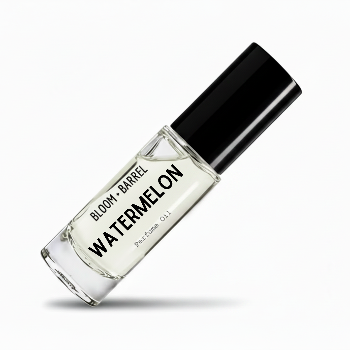A clear glass perfume oil bottle labeled 'BLOOM • BARREL WATERMELON Perfume Oil' with a black cap, shown on a white background with a soft shadow.