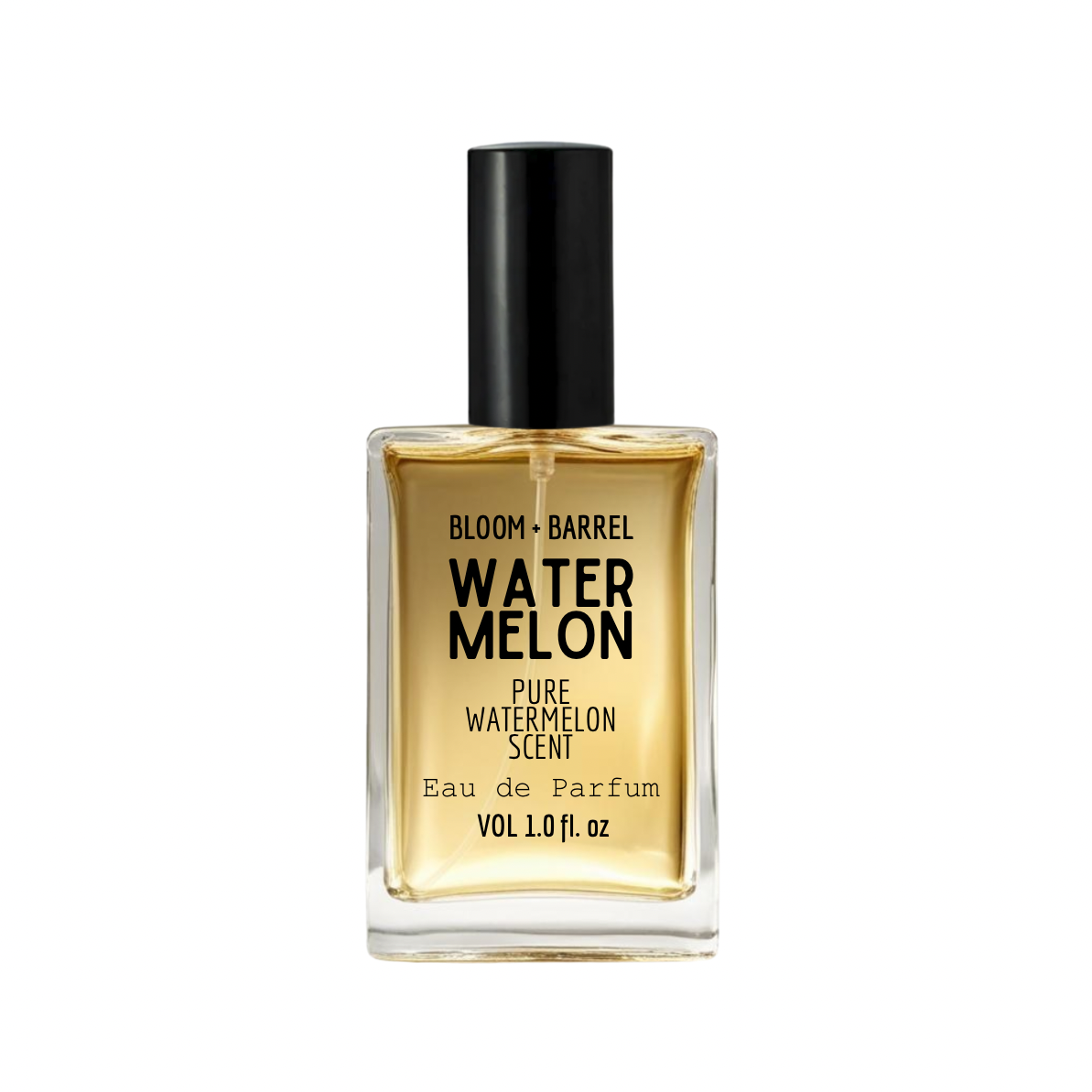 Perfume bottle labeled 'Watermelon' by Bloom & Barrel on a white background