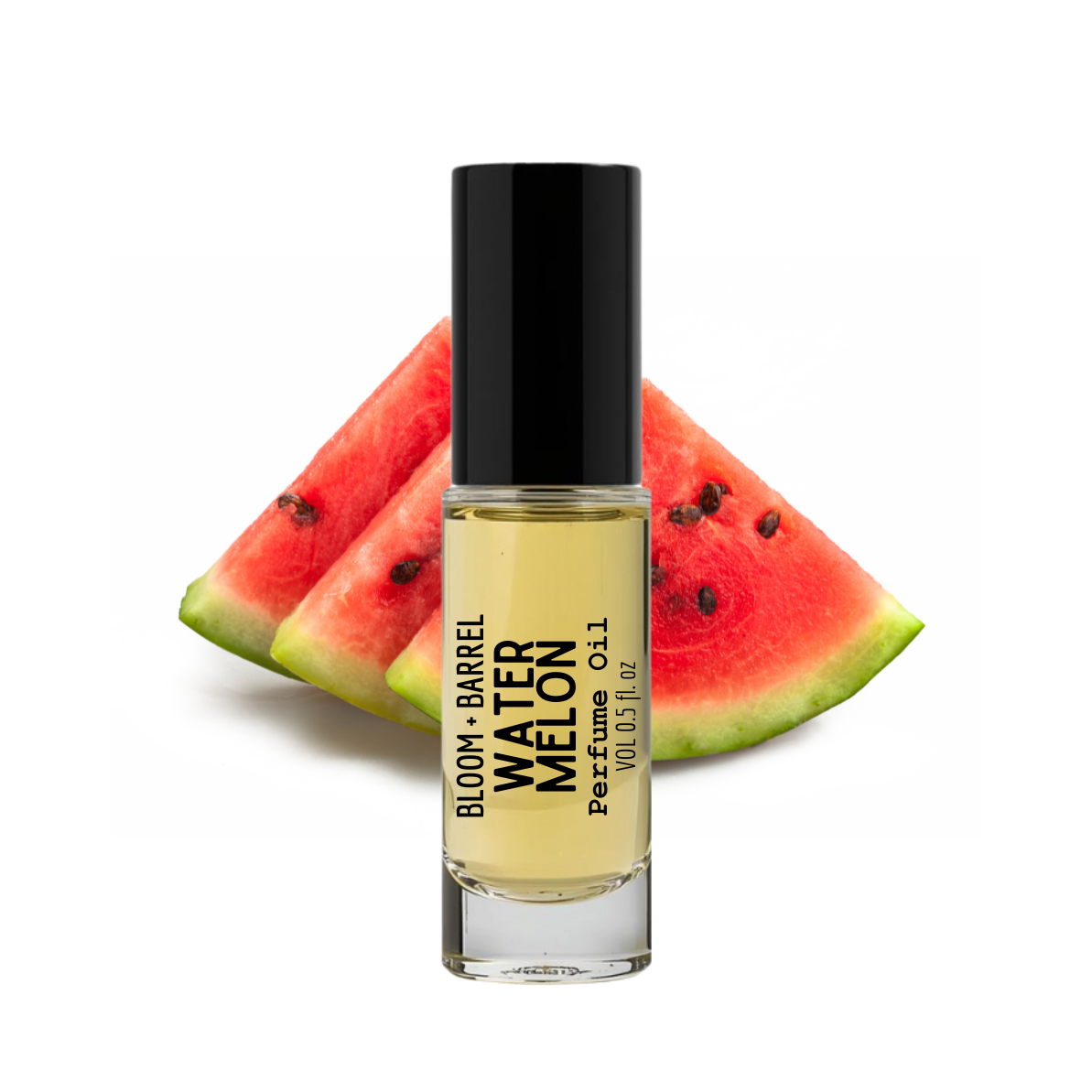 Perfume bottle labeled 'Bloom & Barrel Watermelon' with watermelon slices on a white background