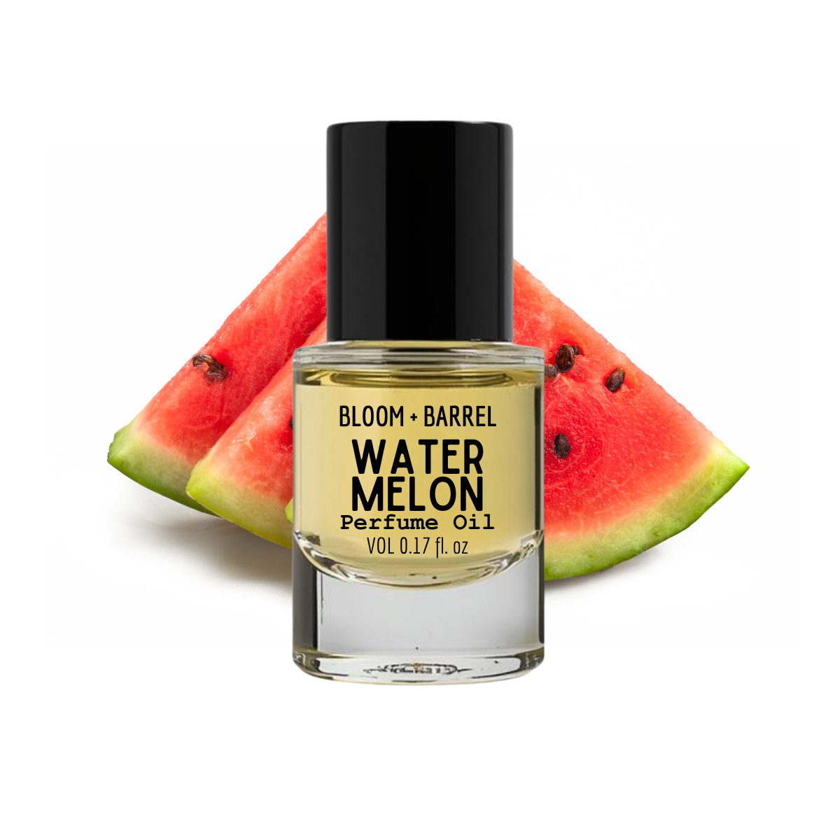 Bottle of Bloom & Barrel Watermelon perfume oil with watermelon slices on a white background