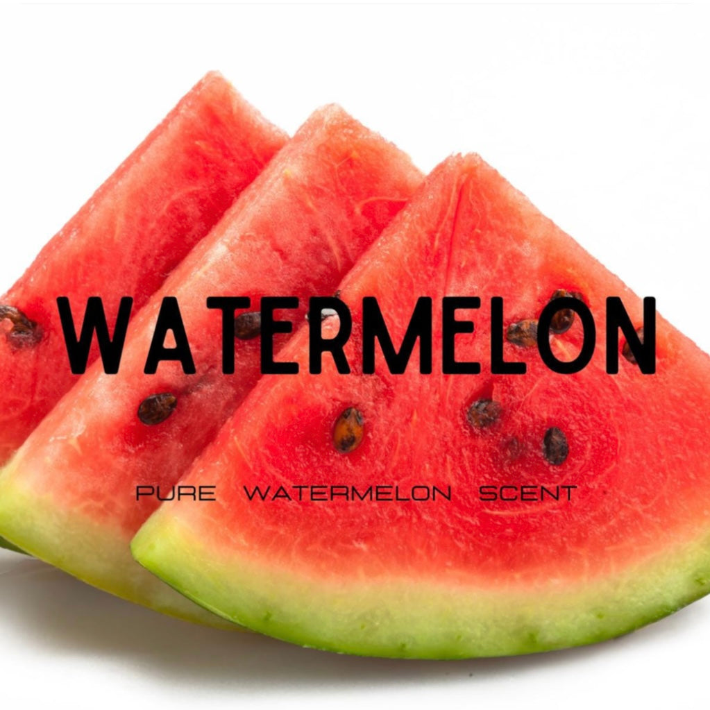 Three triangular slices of watermelon with the word 'WATERMELON' and 'PURE WATERMELON SCENT' text on a white background.