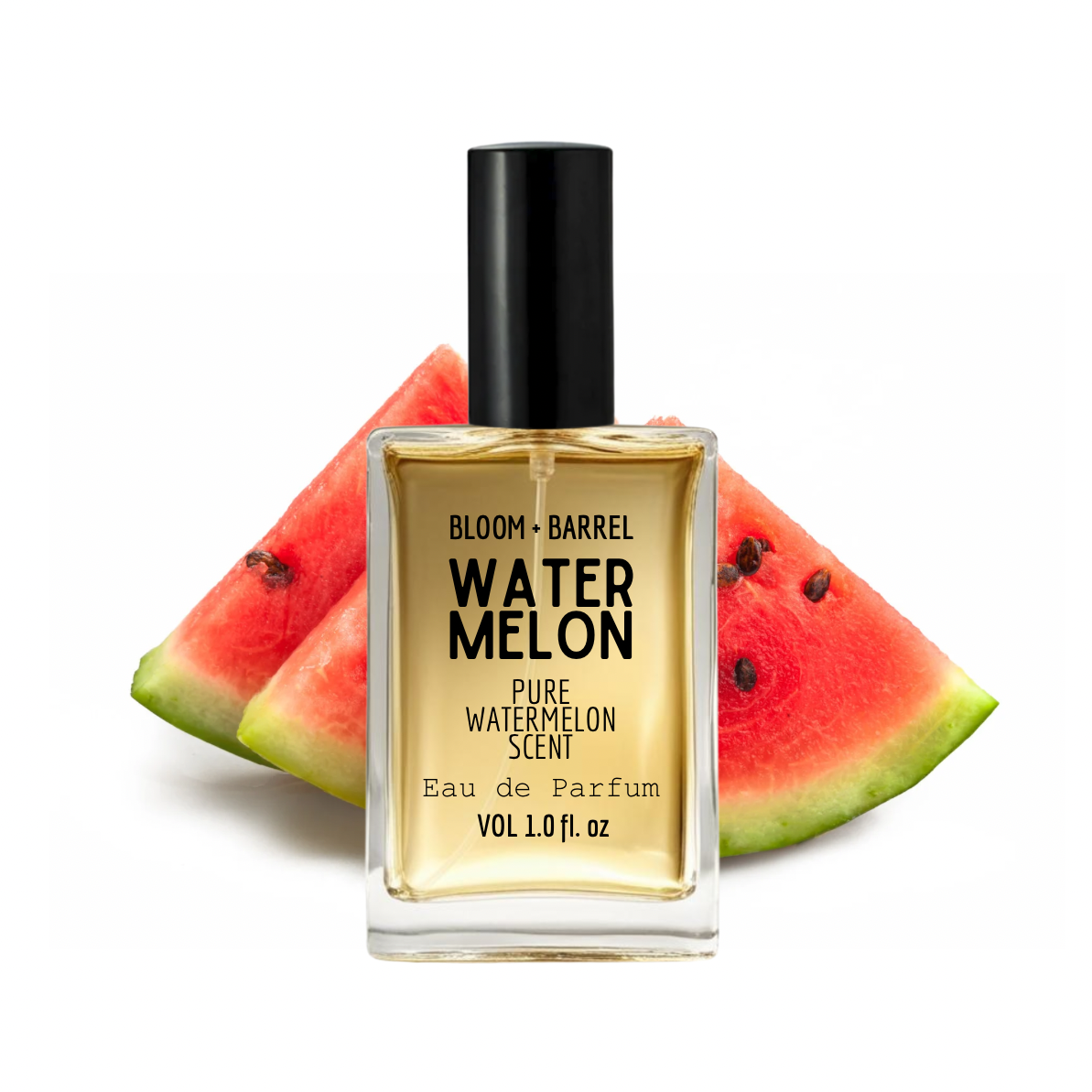 Perfume bottle labeled 'Watermelon' with watermelon slices on a white background