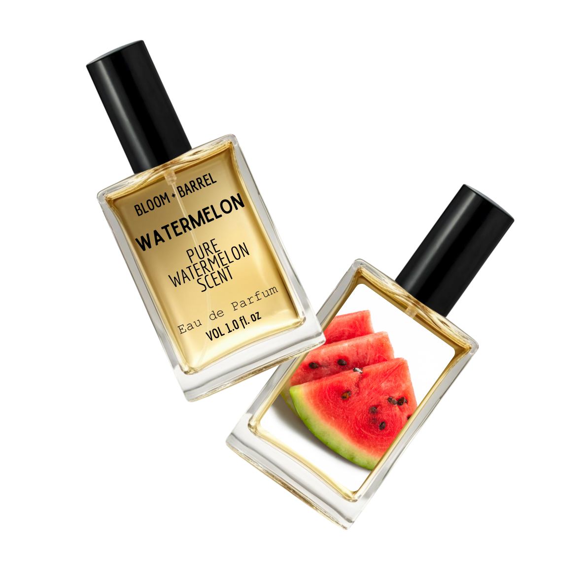 Two perfume bottles labeled 'Bloom Barrel Watermelon' on a white background