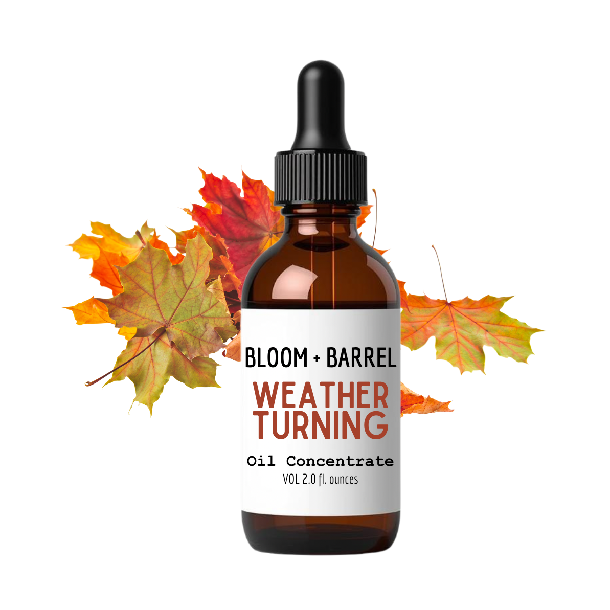 Bottle of 'Weather Turning' oil concentrate with autumn leaves on a white background
