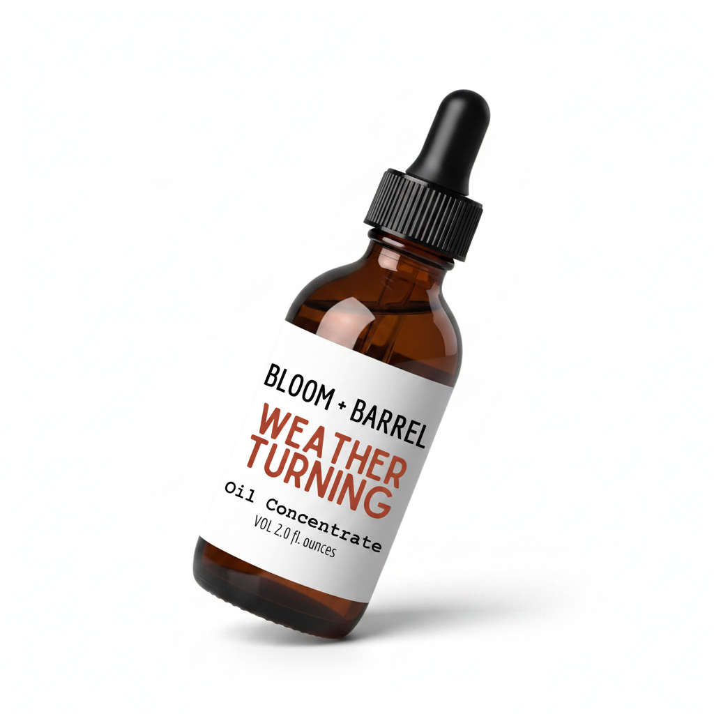 Bottle of Bloom + Barrel Weather Turning Oil Concentrate on a white background