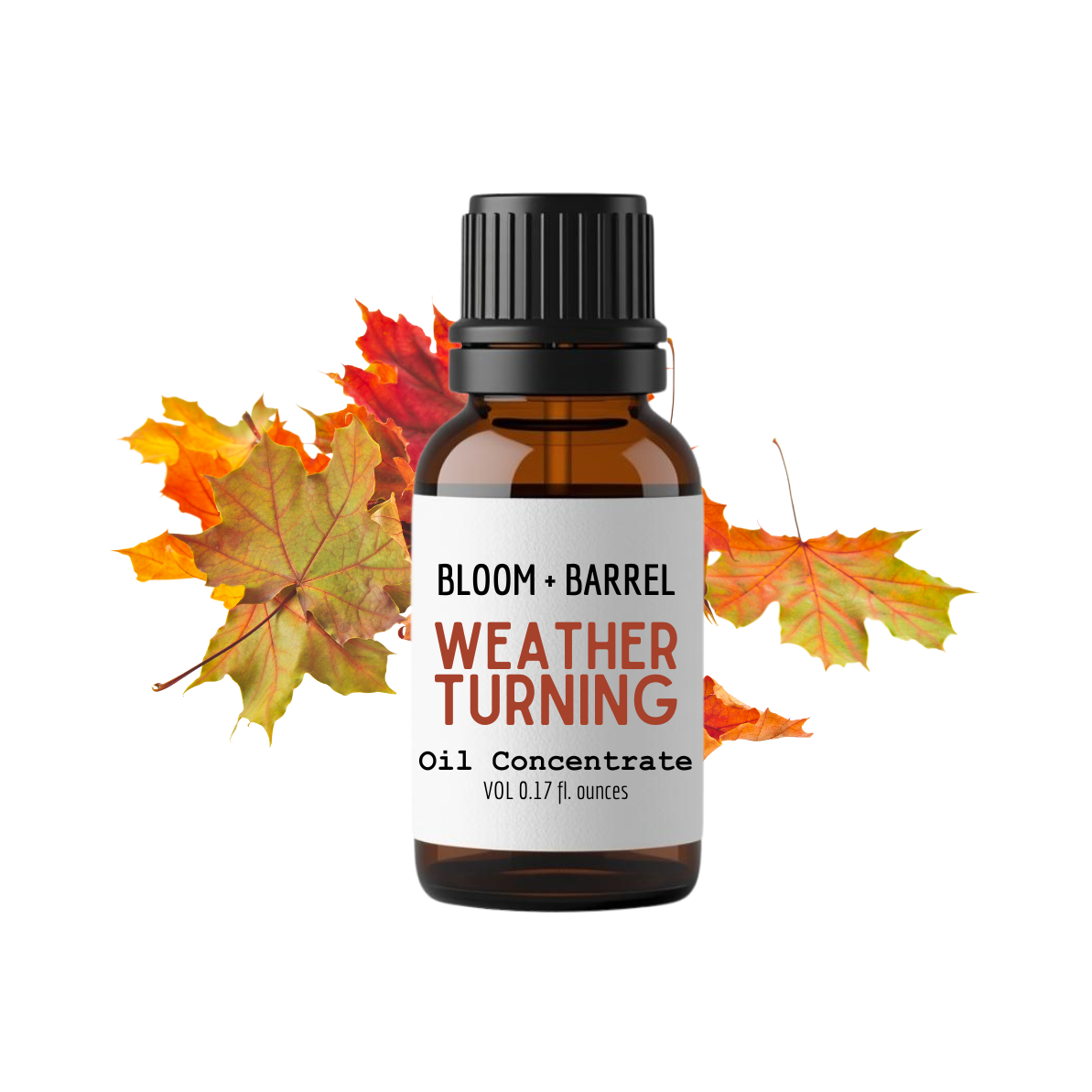 Bottle of 'Weather Turning' oil concentrate with autumn leaves on a white background