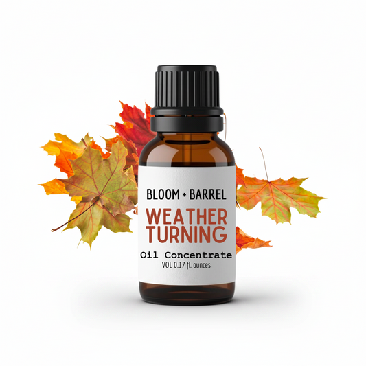 Bottle of 'Weather Turning' oil concentrate with autumn leaves on a white background