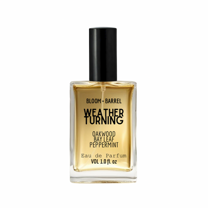 Perfume bottle labeled 'Weather Turning' by Bloom & Barrel on a white background