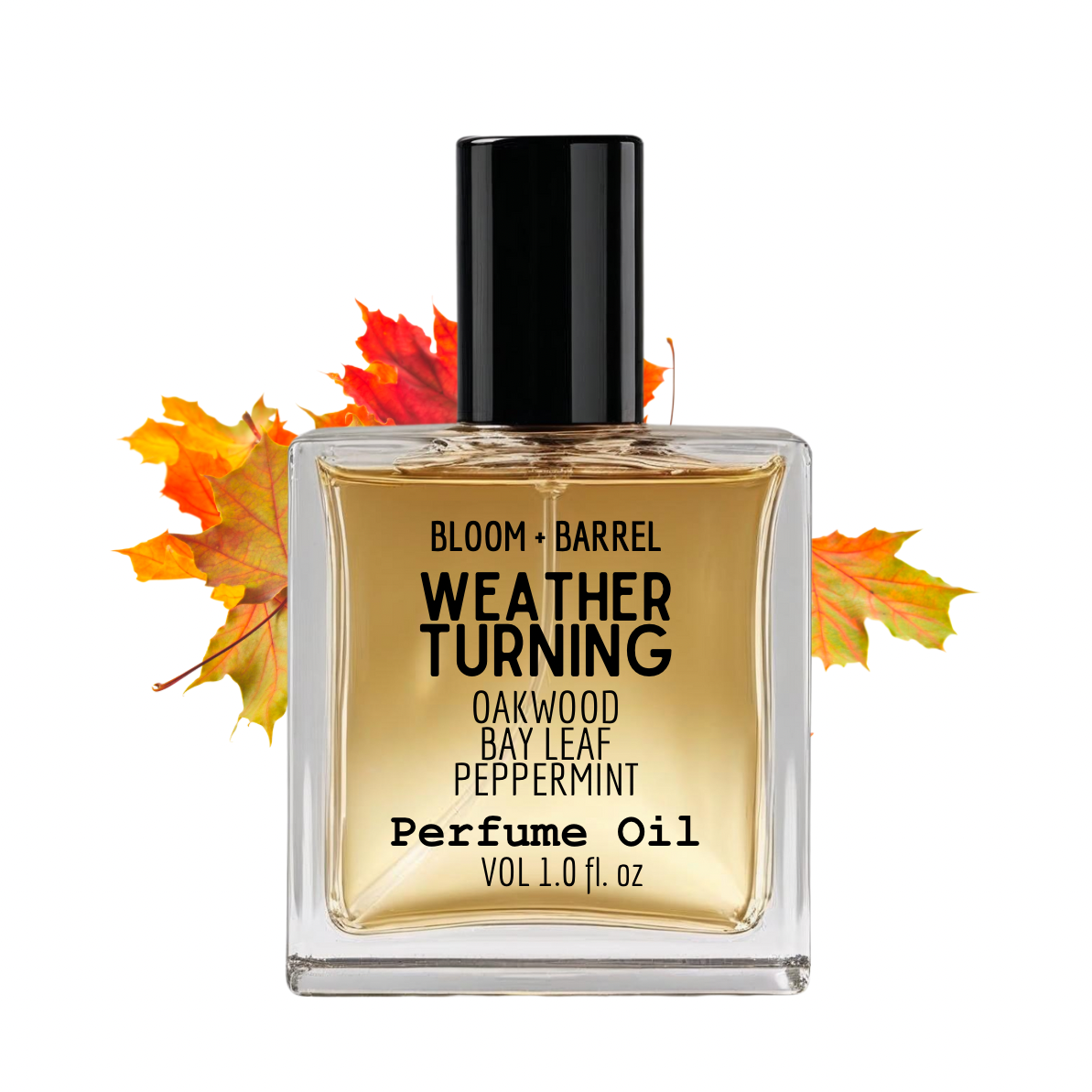 Perfume oil bottle labeled 'Weather Turning' with autumn leaves on a white background