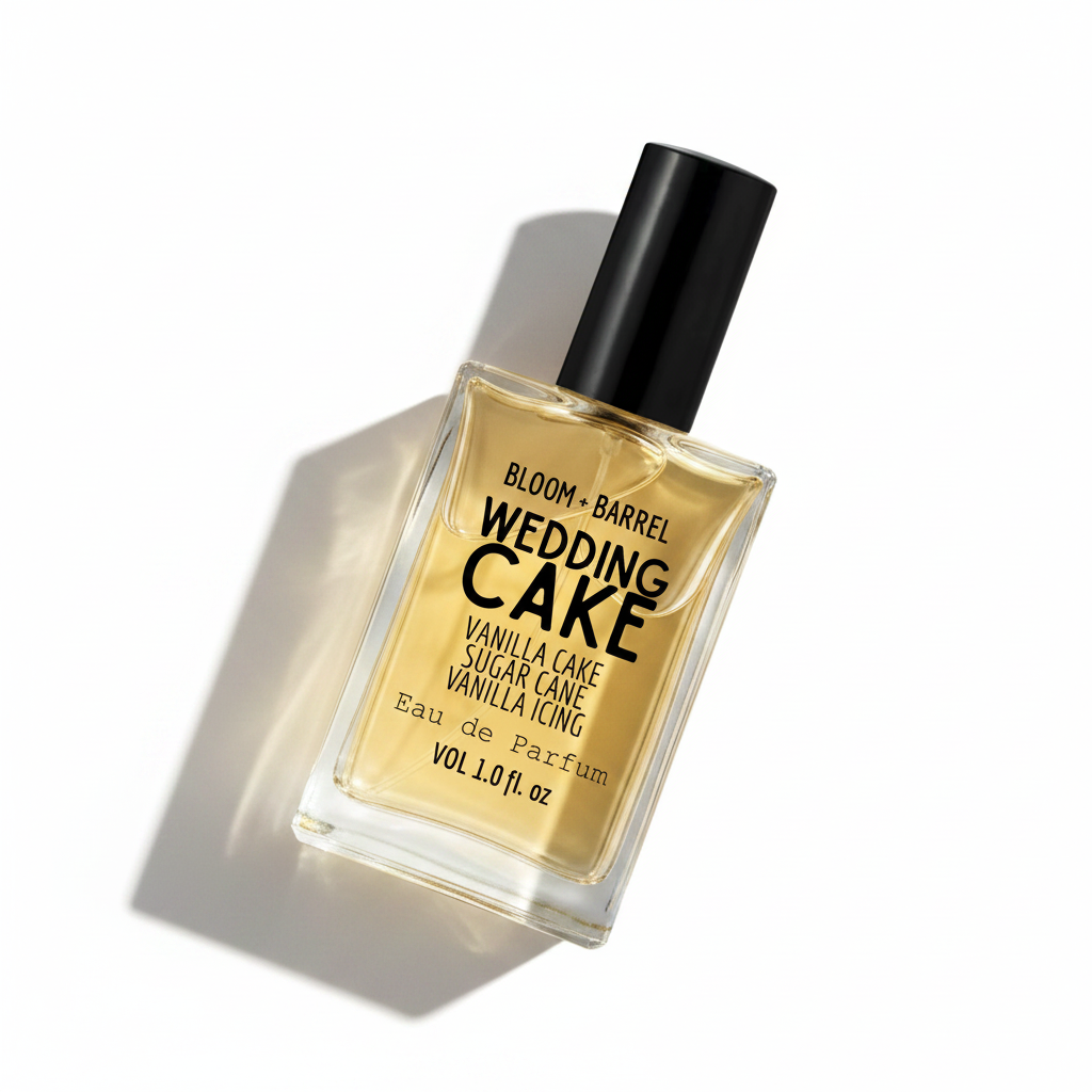 Bottle of Bloom & Barrel Wedding Cake perfume on a white background