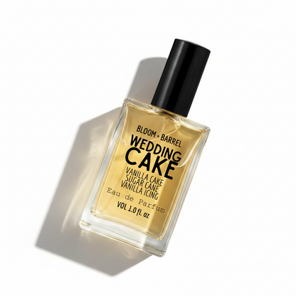 Bottle of Bloom & Barrel Wedding Cake perfume on a white background