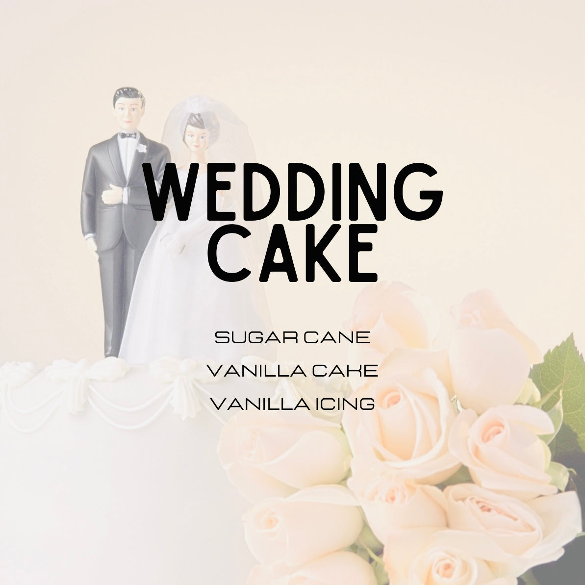 Wedding cake advertisement with a couple and white roses on a light background