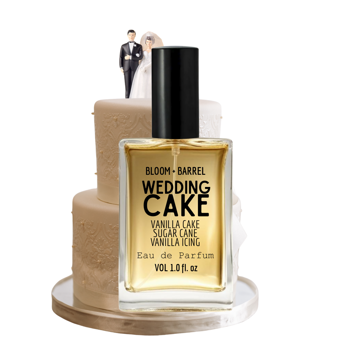 Perfume bottle labeled 'Wedding Cake' with a cake and figurines on a white background