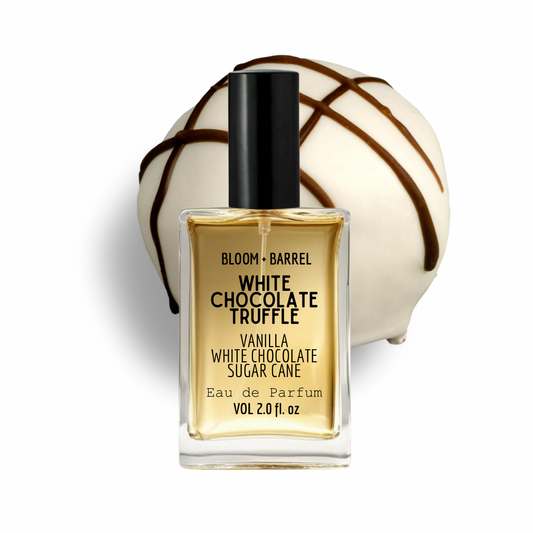 Perfume bottle labeled 'White Chocolate Truffle' with a white chocolate truffle decoration on a white background