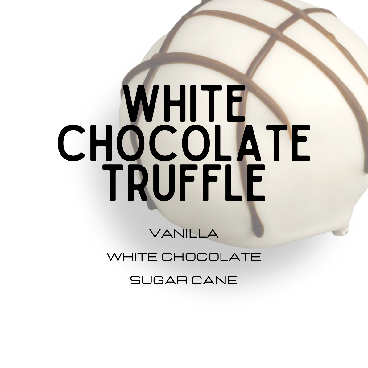 White chocolate truffle with text indicating flavor options on a white background