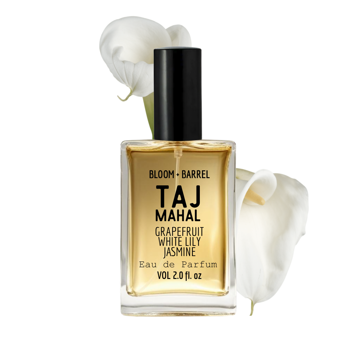 Perfume bottle labeled 'Taj Mahal' with white flowers on a white background