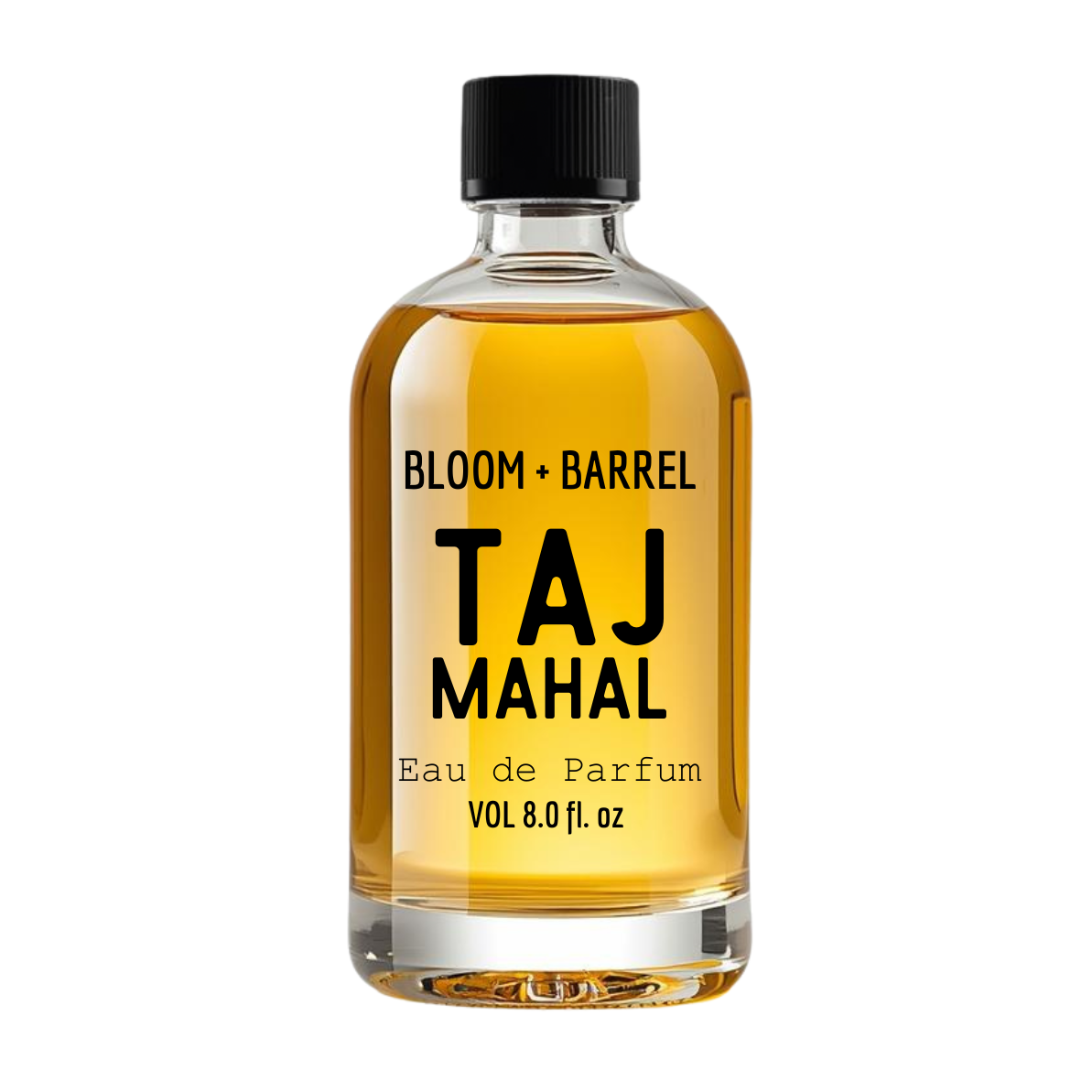Bottle of Bloom & Barrel Taj Mahal Eau de Parfum on a white background