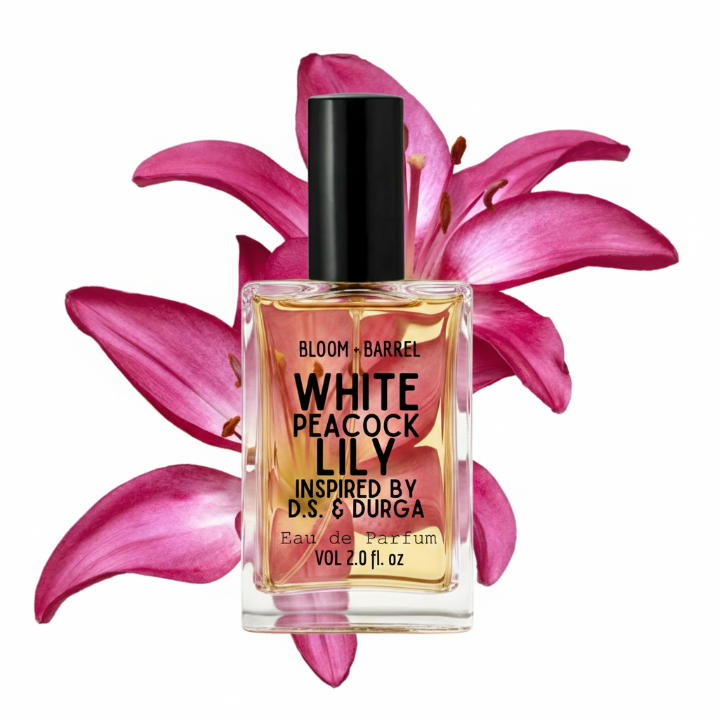 A bottle of Bloom + Barrel White Peacock Lily Eau de Parfum with a black cap, set against a large pink lily flower on a white background.