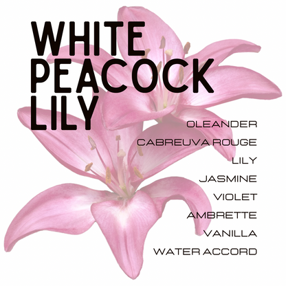 A graphic design featuring two pink peacock lilies on a white background with bold black text listing fragrance names including White Peacock Lily, Oleander, Cabreuva Rouge, Lily, Jasmine, Violet, Ambrette, Vanilla, and Water Accord.