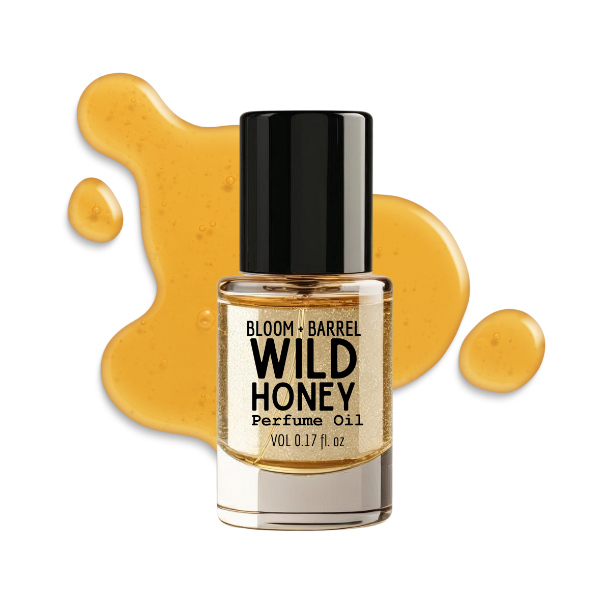 Bottle of Wild Honey perfume oil with a black cap on a white background