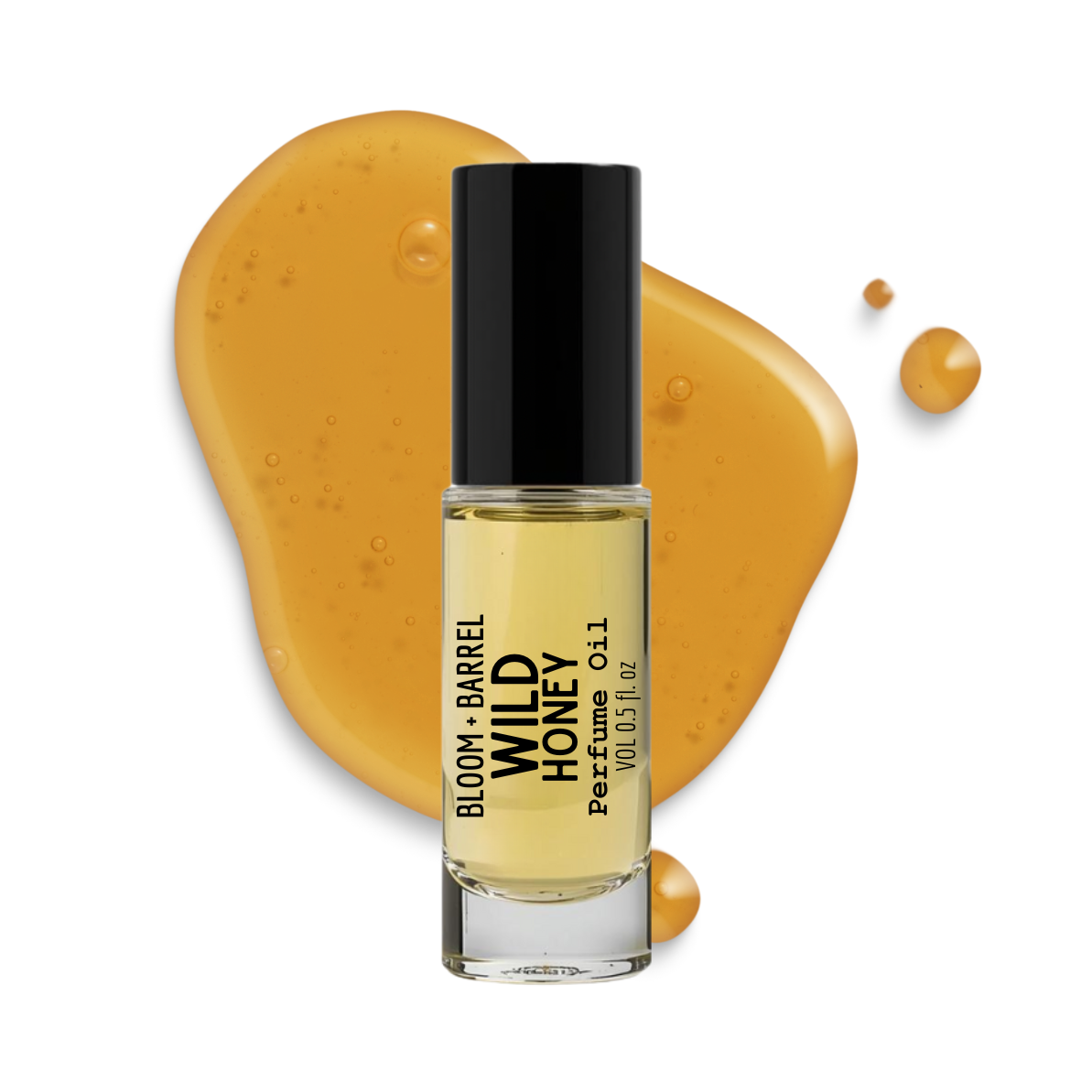 Perfume bottle labeled 'Wild Honey' by Bloom & Barrel on a white background with honey swatch.